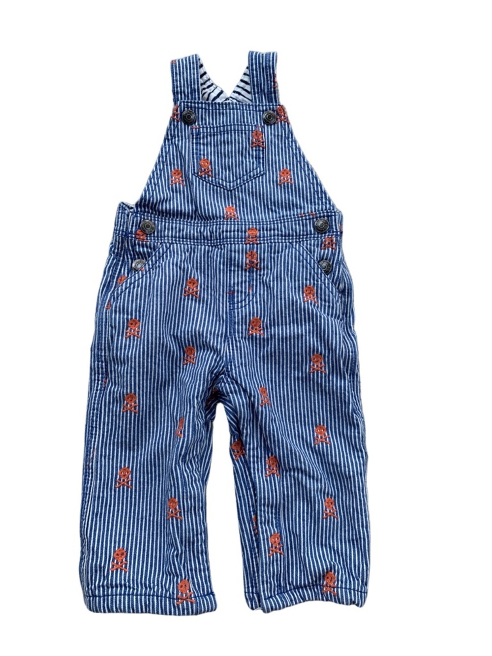 Baby Boden Size 6-12 Months Blue Pinstripe Skull Embroidered Bib Overalls Romper